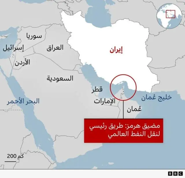 خريطة لدول الخليج موضح عليها موقع مضيق هرمز